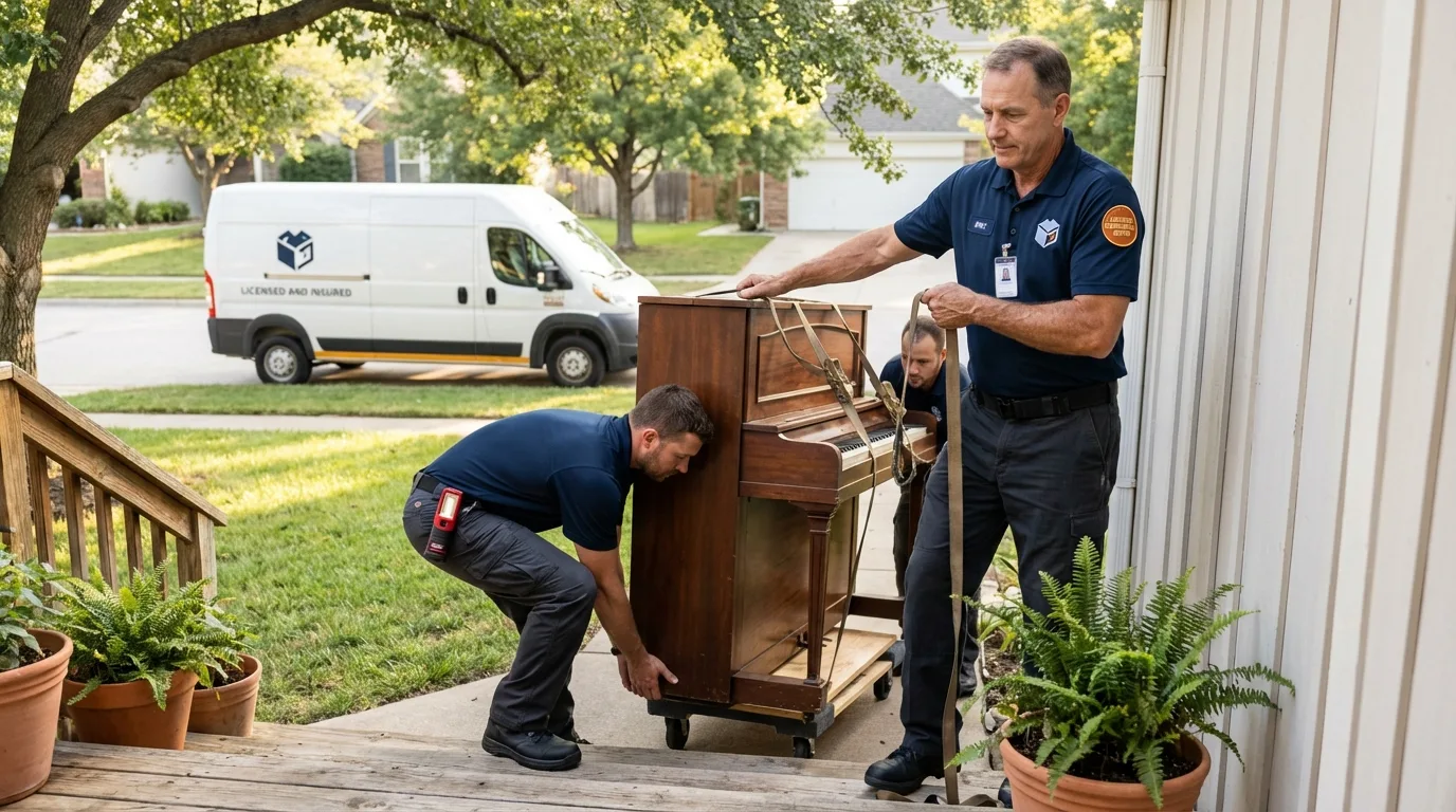Licensed piano movers securing grand piano in Kountze, TX