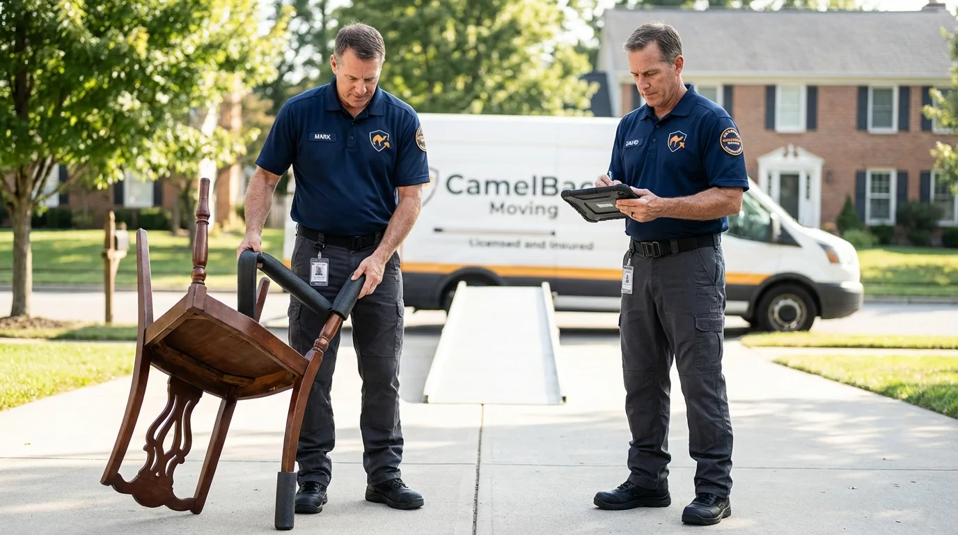 Movers inspecting furniture for damage prevention before loading in Kountze, TX