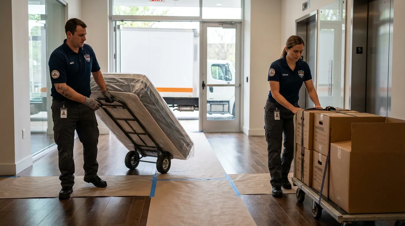 Professional apartment movers loading elevator in Kountze, TX